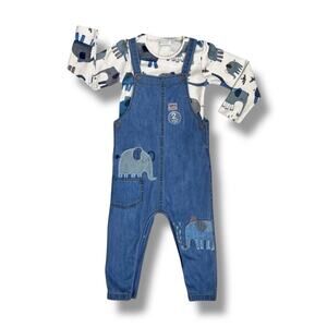 Next Baby Boys Outfit 1.5-2Y Blue Chambray Dungarees Bodysuit Elephant New